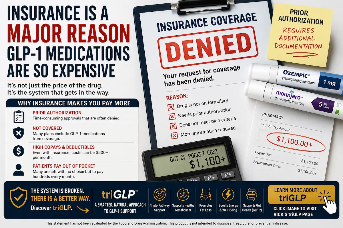 GLP-1 insurance denial infographic showing prior authorization and high copay barriers